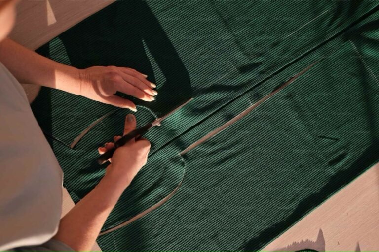 Women cutting green fabric with scissors